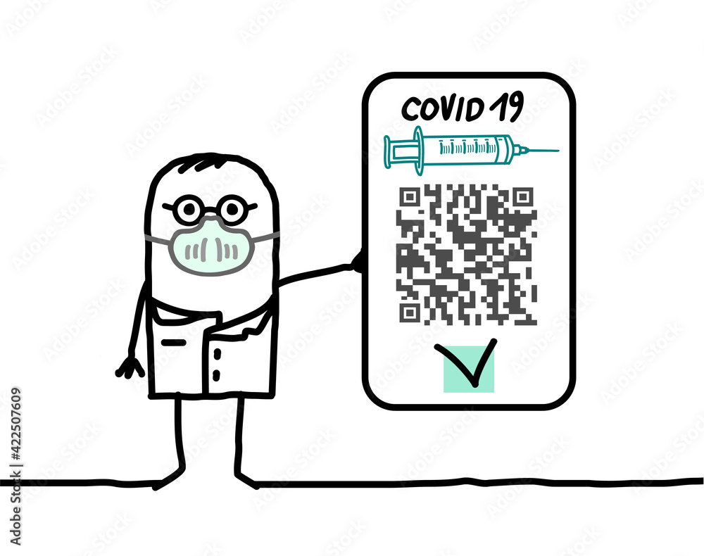 Cartoon Doctor with Mask, showing a Valid Health Code