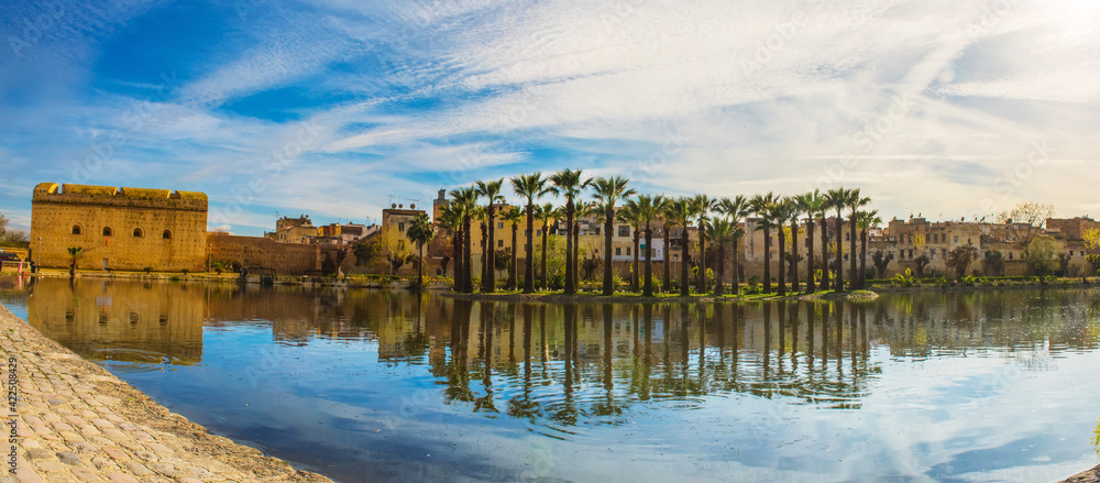 Royal Park in Fez with lake and palms, Morocco