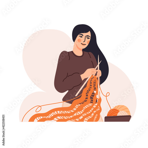 Cute woman knitting flat cartoon illustration. Traditional handmade craft banner design. Lifestyle concept. Balls of wool and knitting needles.