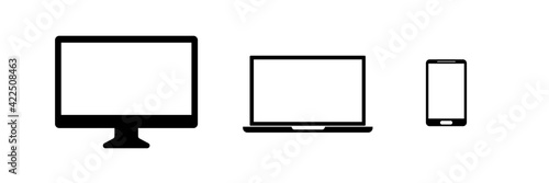 Set of compute, laptop, smartphone with empty screens.