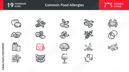 Common allergen food icons, lupins, peanuts, crustaceans, gluten, etc. Collection of 19 handmade icons with editable stroke, ready to be used in any design project.