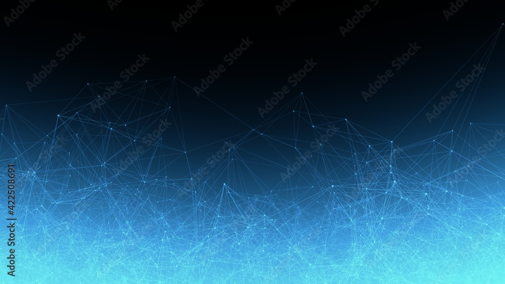 Abstract Plexus Polygon wireframe Shapes 3D Illustration on Blue gradient Full Frame Web Banner Background. Teamwork, technology, and big data concept for the internet of things and live streaming. 