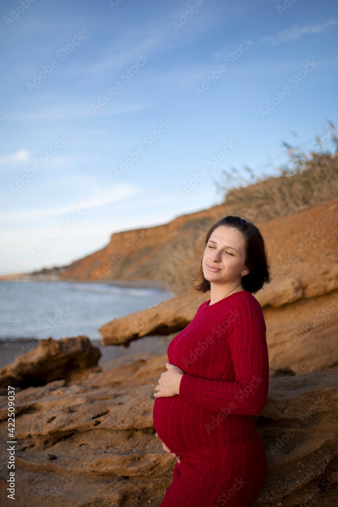 Stylish pregnant woman. Beautiful young pregnant woman enjoying the sunset. Pregnant tummy. The pleasure of pregnancy. Life style. Motherhood.Maternity.