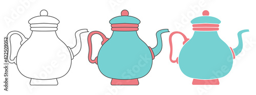 teapot design vector illustration. hand drawn element. black and white outline