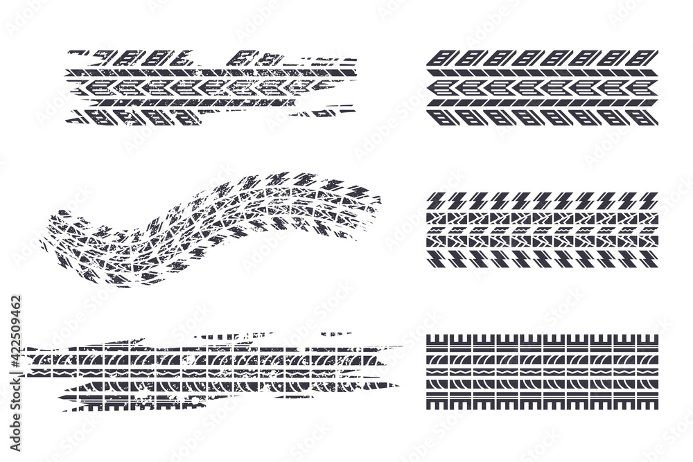 Obraz premium Tire track black silhouettes vector set isolated on a white background.