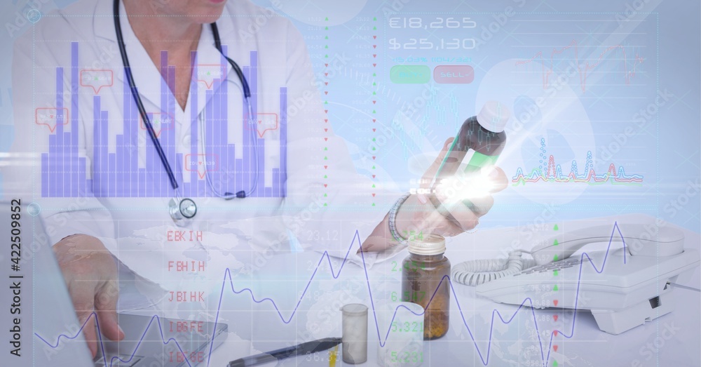 Financial data processing against mid section of female doctor holding medicine Financial data processing against mid section of female doctor holding medicine