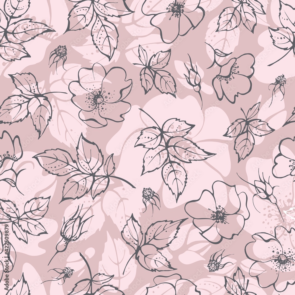 Seamless pattern with blooming plants. Gray contour images of flowers on a beige background.