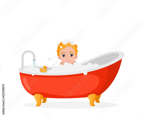 Boy taking a bath. A young male character taking a relaxing bath with duck.