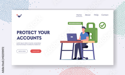 Profile and Internet Account Protection Landing Page Template. Man Sit at Desk Working on Laptop with Strong Password