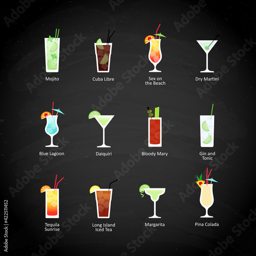 Most popular alcoholic cocktails icons set in flat style on black chalkboard. Vector
