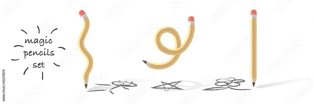 Quote Magic pencils set. Isolated on white background. Imprisoned Pencils with different shape. Stationery, simple pictures, eraser, sharp, lead. School equipment. Making draws. Quote Magic pencils set. Isolated on white background. Imprisoned Pencils with different shape. Stationery, simple pictures, eraser, sharp, lead. School equipment. Making draws.