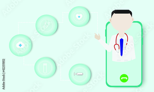 Illustration of  tele medicine isometric concept. Medical consultation and treatment via application of smartphone with medical icon on sea green background.