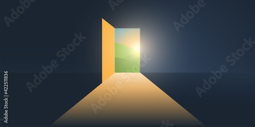 Let's Go Outside - Dark Room, Light Coming In Through an Open Door - New Possibilities, Hope, Overcome Problems, Solution Finding Concept, Background or Design Template