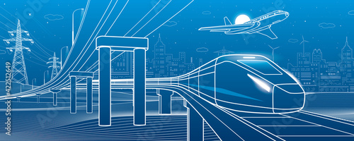 Outline road bridge. Car overpass. Train rides. Airplane fly. City Infrastructure and transport illustration. Urban scene. Vector design art. White lines on blue background