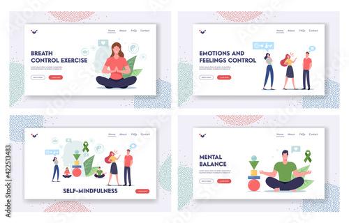 Self-mindfulness, Control Landing Page Template Set. Characters Keep Mental Balance Avoid Aggression, Stressful Reaction