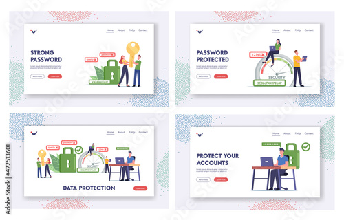 Data Protection Landing Page Template Set. Characters Create Strong Account Password. Man Working on Laptop in Office