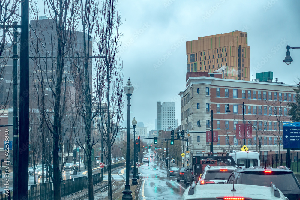 street scenes on rainy day in boston massachusetts