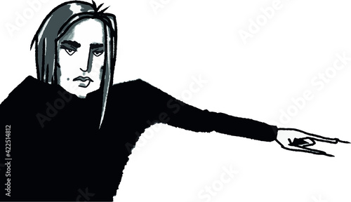 vector illustration of angry woman with finger. get out. caricature