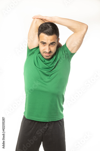 athlete man stretching exercises on white background.