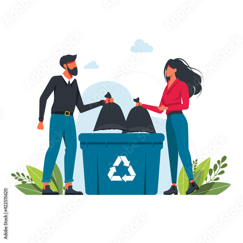 man and woman throws a garbage bag into a trash can, garbage recycling sign Volunteering people, ecology, environment concept People throws rubbish in garbage bin.vector. clean planet concept