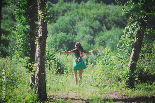 girl walking in the forest, girl in forest, beautifull girl in forest, summer forest, happy