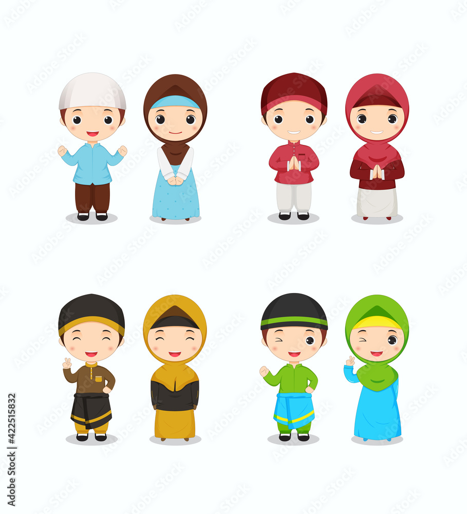 Set of cute Muslim kid in colorful theme Set of cute Muslim kid in colorful theme