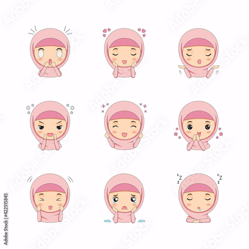 Cute Muslim girl with different face expressions