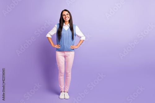 Full length body size view of attractive curious bewildered cheerful woman thinking isolated over violet purple color background