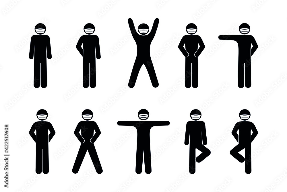 Vettoriale Stock stickman isolated pictograms, masked man, stick figure,  set of silhouettes of people in various poses | Adobe Stock