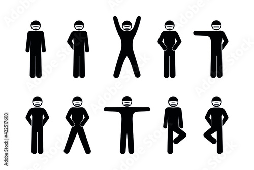 stickman isolated pictograms, masked man, stick figure, set of silhouettes of people in various poses