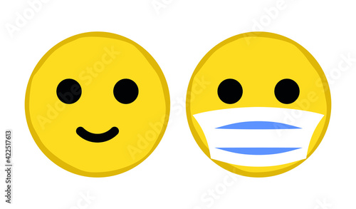 smiley face mask, simple flat design, isolated icon wearing a white surgical mask, emoji with mouth mask - yellow face 
