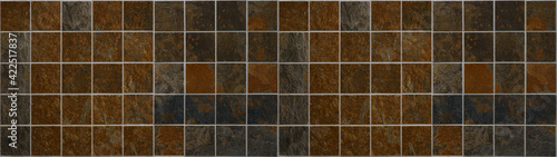 Grunge rusty dark natural slates stone square mosaic tile mirror / rust tiles wall background texture banner panorama	

