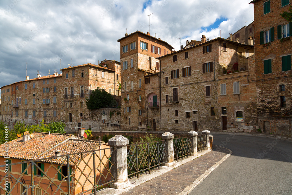 street with old stone houses in Perugia, Umbria, Italy