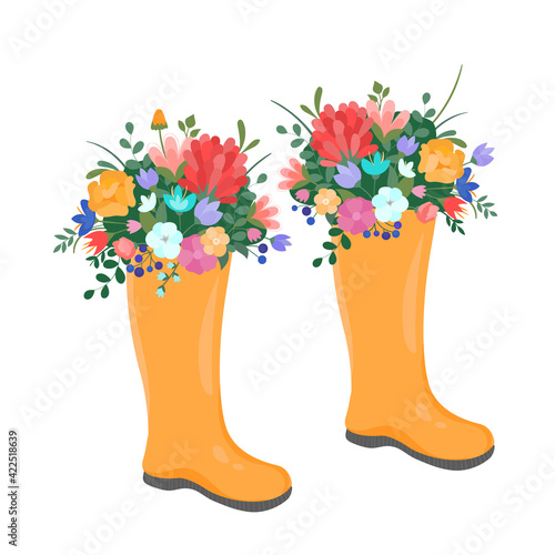 Vector illustration spring wellies boots with blooming bouquet spring flowers  cotton. Spring symbol flat style.