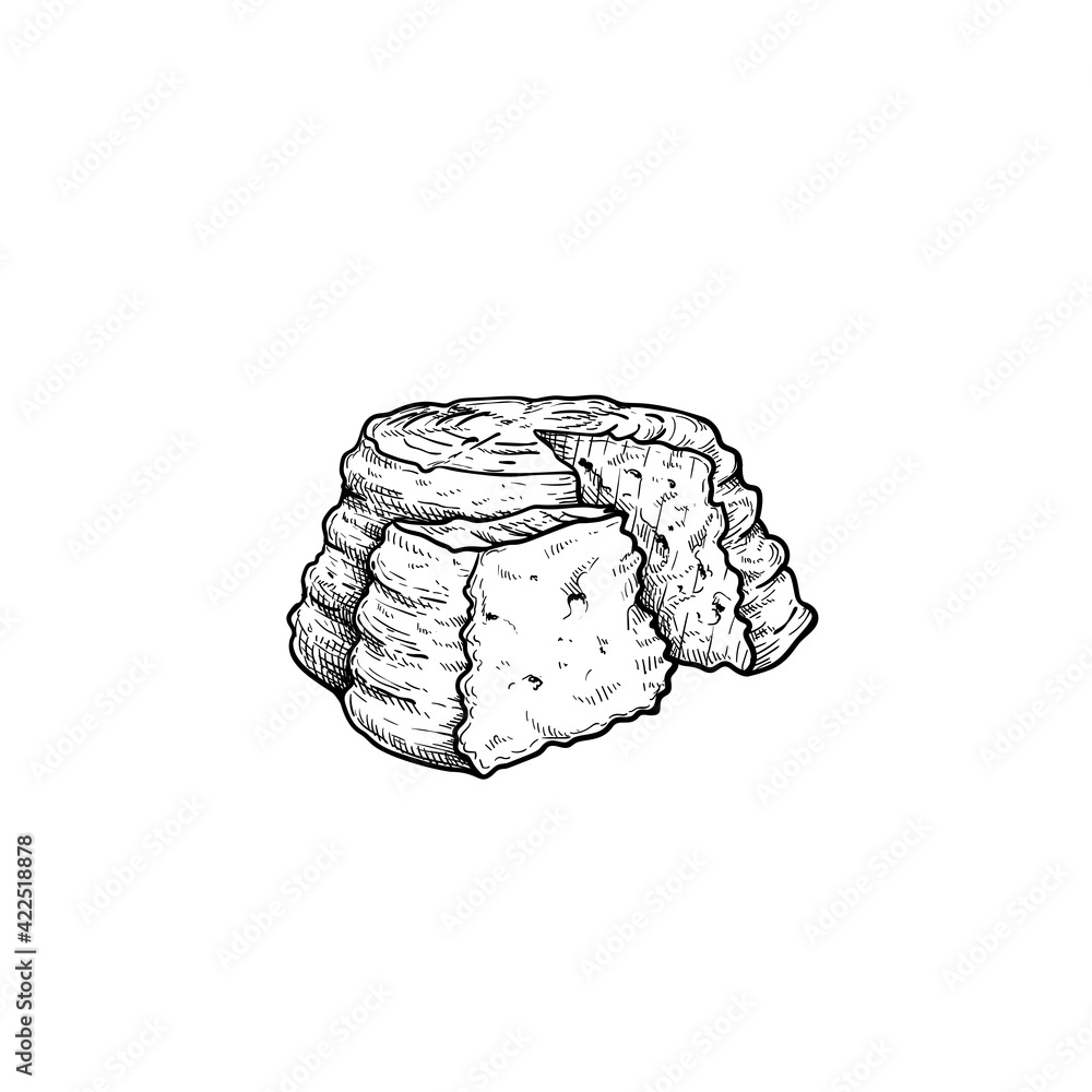Ricotta cheese head with slice. Hand drawn sketch style drawing of traditional Italian local