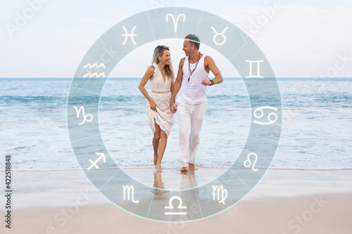 Canvas Print Happy couple with perfect zodiac sign match and love compatibility according to