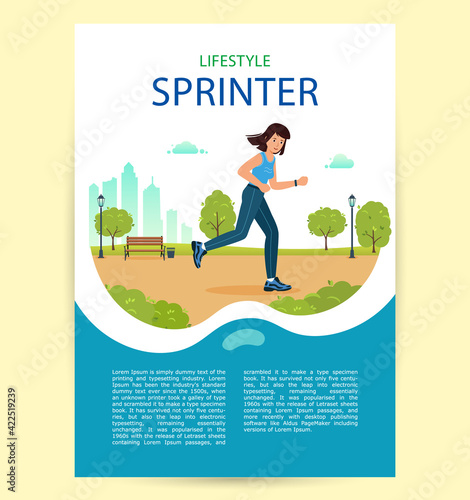 Woman is Jogging in city Park. Poster Happy sprinter girl.