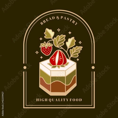 Hand drawn green tea cake, pastry, bakery logo, label, food product elements with strawberry, leaf branch, and frame