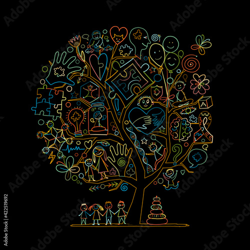 World autism awareness day. Art concept tree. Symbol of autism. Sketch for your design