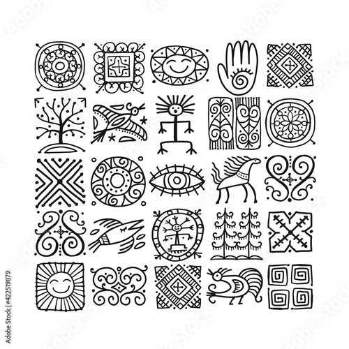 Ethnic handmade ornament, Folk Nordic Symbols. Art background for your design