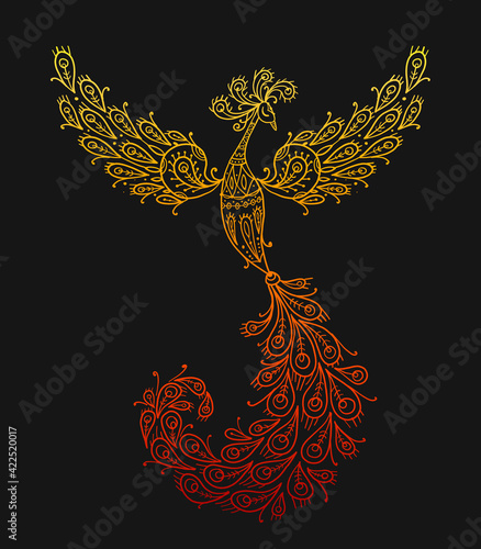 Firebird with a Majestic Tail. Phoenix Bird. Mythical character. Ornamental Silhouette for your design