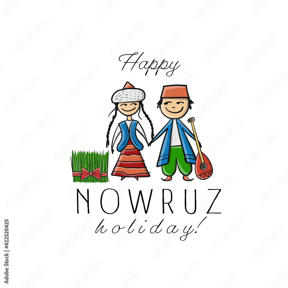 Nowruz, holiday of arrival of spring. Couple Art. Gift card design