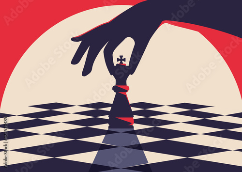 Banner template with hand holding chess piece. Strategy concept art in flat design. photo