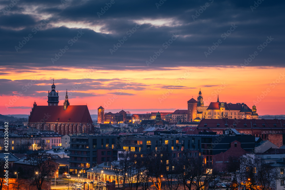 Evening view of Krakow. The Wawel and other monuments of the old town are visible.