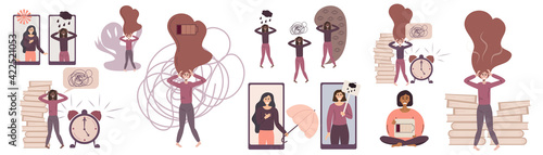 Anxiety disorder for conceptual design. Mental health problem. large set of concepts. An anxious woman. The concept of anxiety, stress, and depression. Vector illustration in a flat linear style.