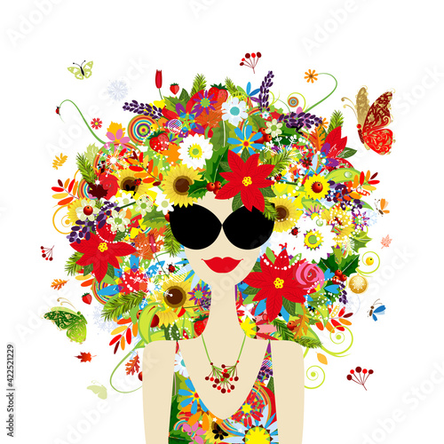 Floral female portrait, pretty woman in sunglasses. Design for fashion cards,...