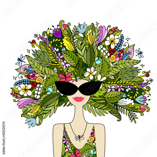 Female portrait in tropical style, pretty woman in sunglasses. Design for fashion cards, banners, posters