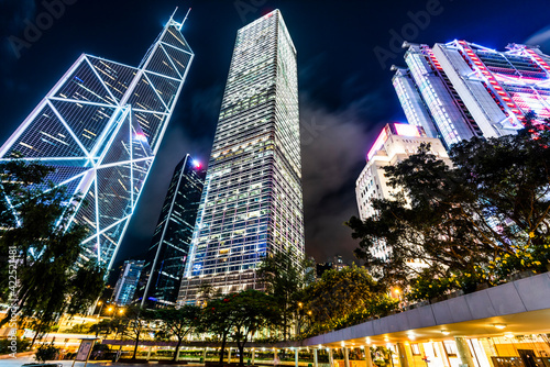 Photography low angle view of modern office block buildings in Central, Hong Kong
