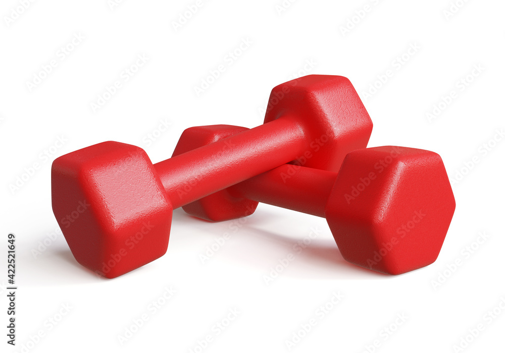 Pair of red dumbbells isolated on white background, 3d illustration. Pair of red dumbbells isolated on white background, 3d illustration.