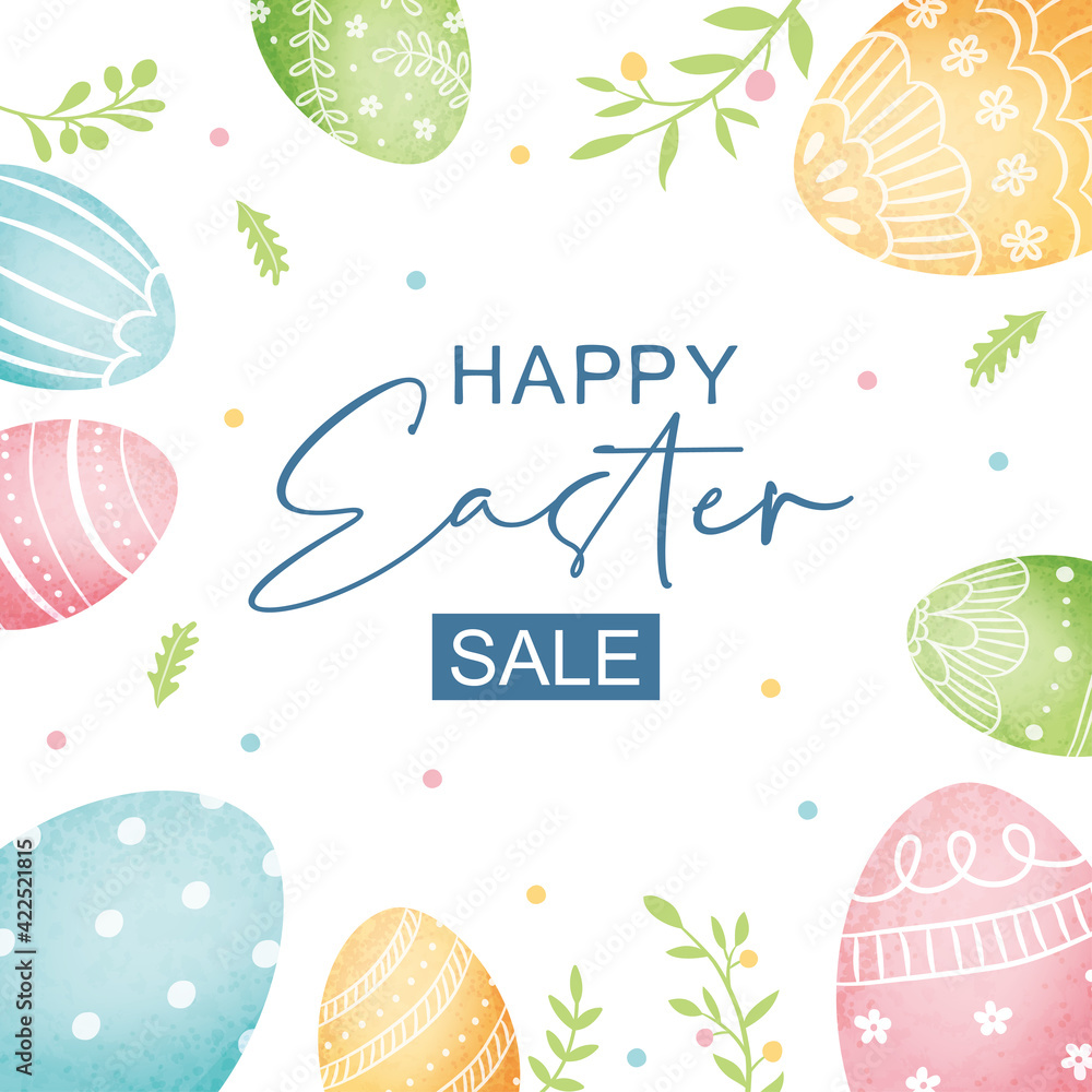 Easter poster and banner template with Easter eggs on white background.